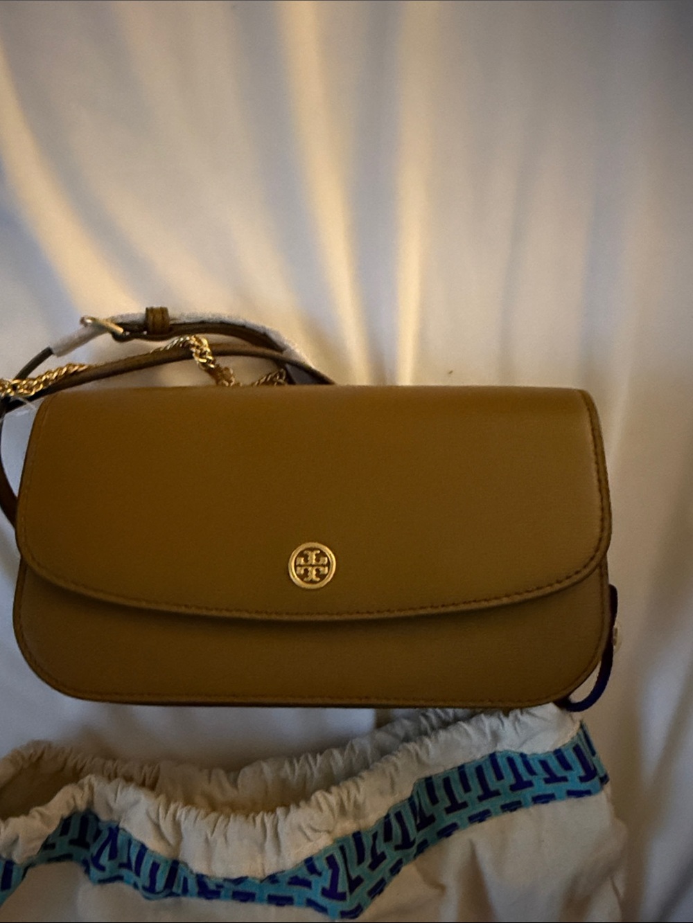 Tory Burch Olive-Tan Leather Crossbody with Gold Logo